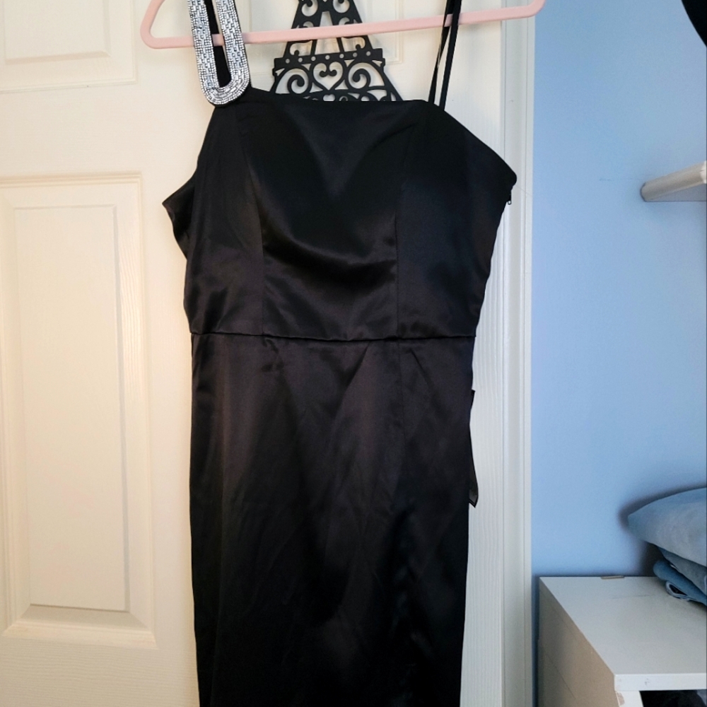 Of shoulder black dress with rhinestones